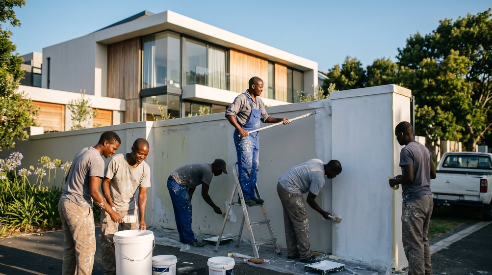Professional team painting a boundary wall at a modern home in Sunningdale