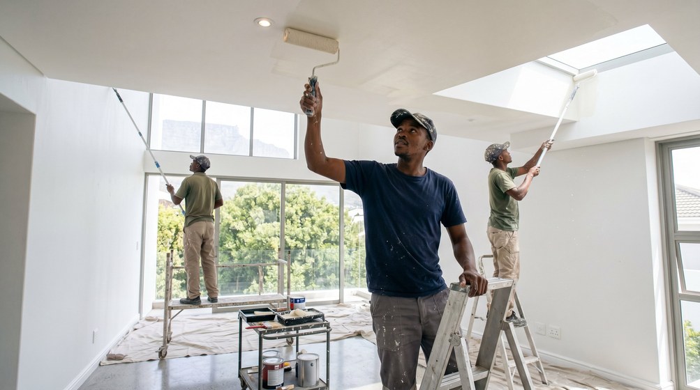 Professional ceiling painters rolling white paint onto a high ceiling in Sunningdale
