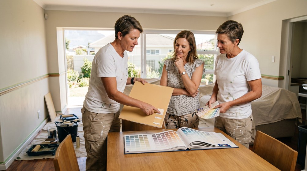 Professional colour consultant showing paint swatches to a homeowner in Sunningdale
