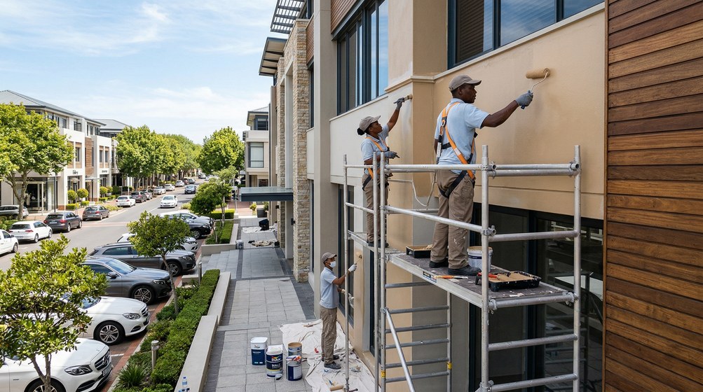 Professional commercial painters on scaffolding painting a building on the Sunningdale