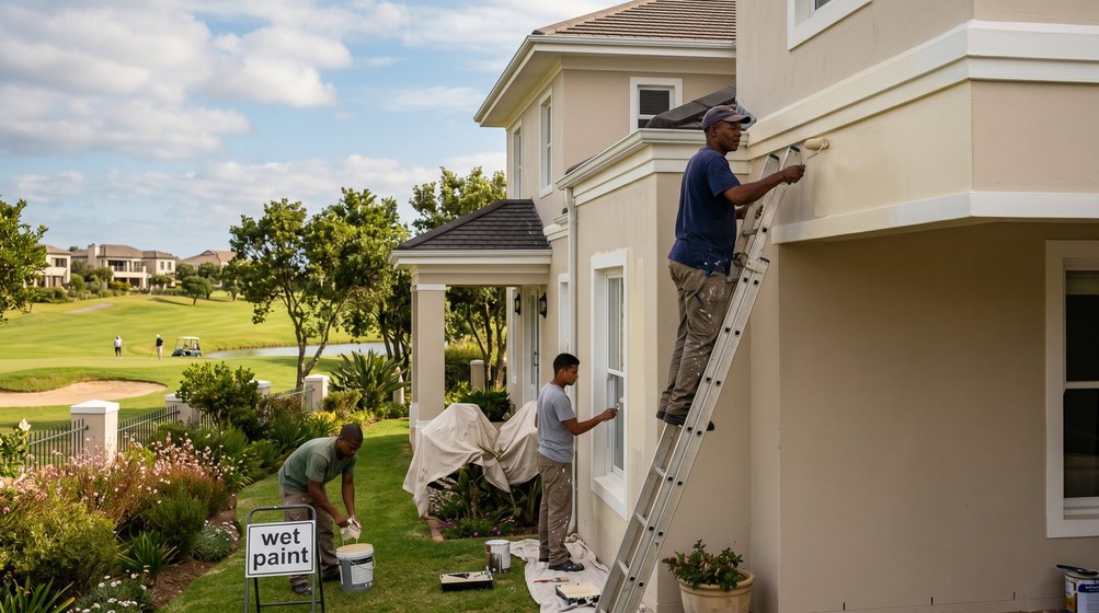 Professional estate painters painting a luxury golf estate home on the Sunningdale