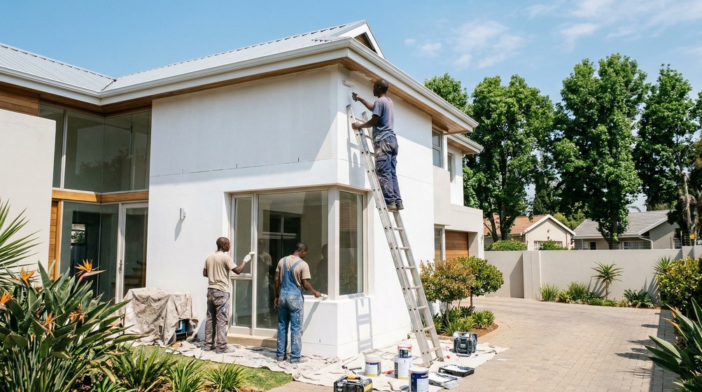 Professional exterior house painters in Sunningdale painting a modern home