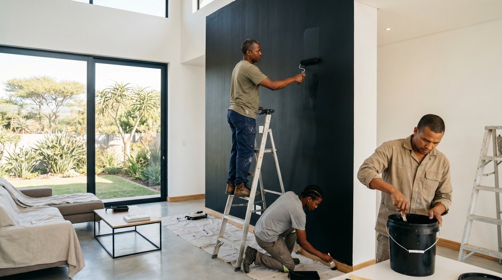 Professional painters creating a bold black feature wall in a modern Sunningdale home