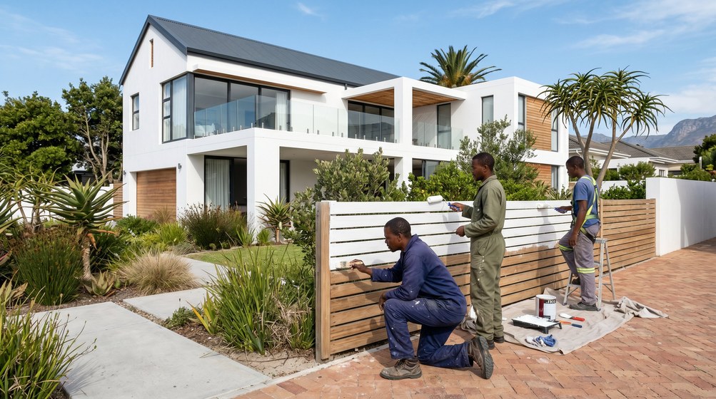 Professional fence painters painting a wooden fence at a Sunningdale home in Sunningdale