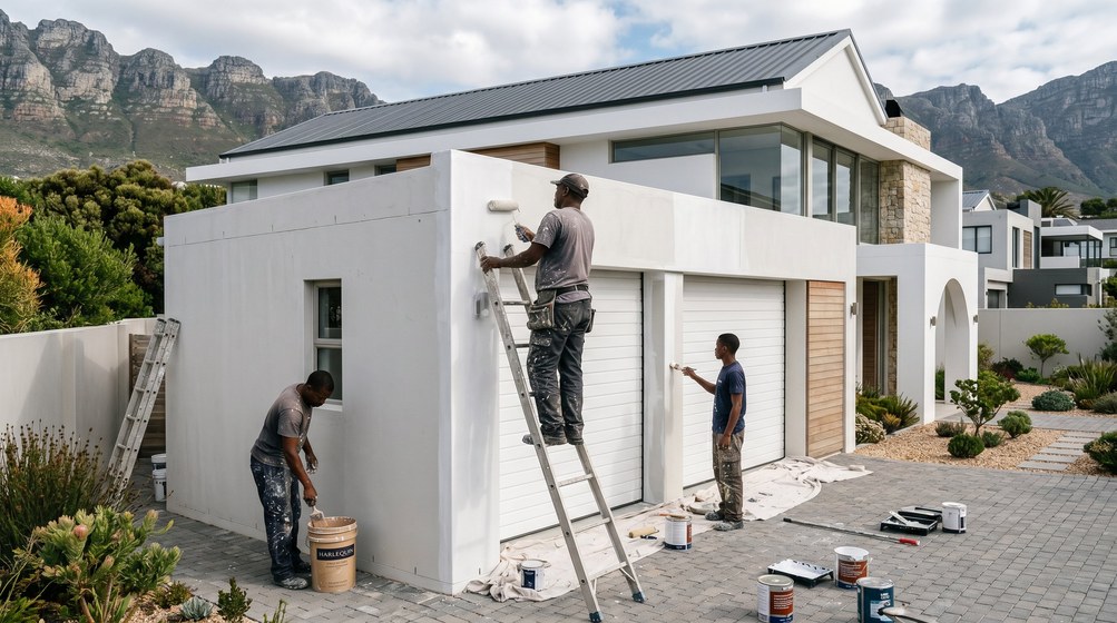 Professional painters painting a double garage exterior and garage doors in Sunningdale