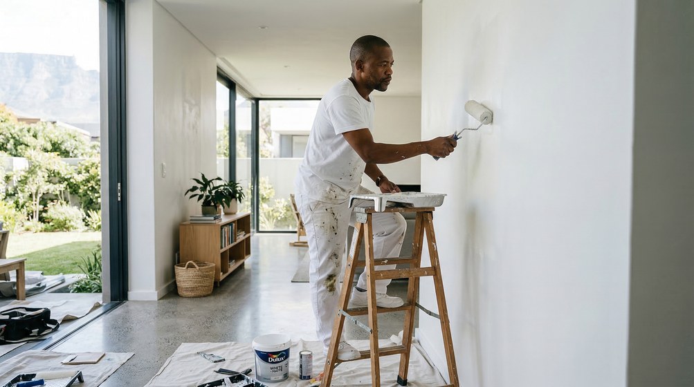 Professional interior painter in Sunningdale painting walls with a roller