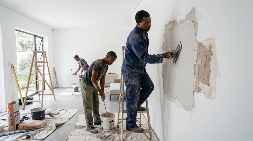 Professional plaster repair team skim coating damaged walls in Sunningdale