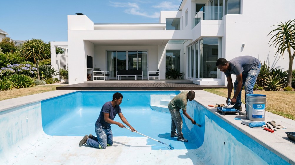 Professional pool painters applying blue pool paint to a swimming pool in Sunningdale