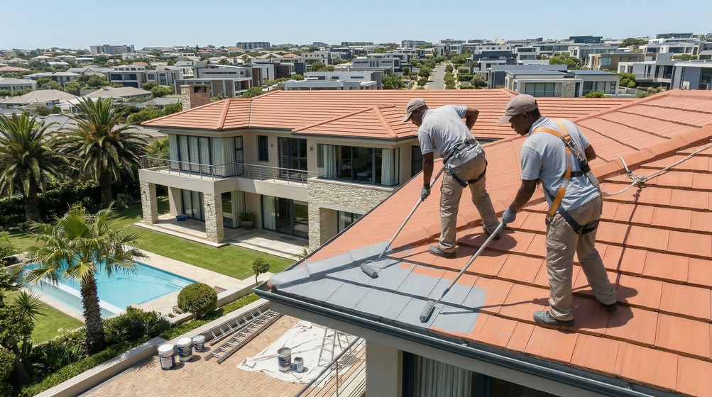 Professional roof painters applying waterproof coating to tiled roof in Sunningdale