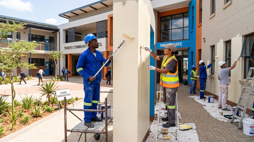 Professional school painting team painting a community school on the Sunningdale