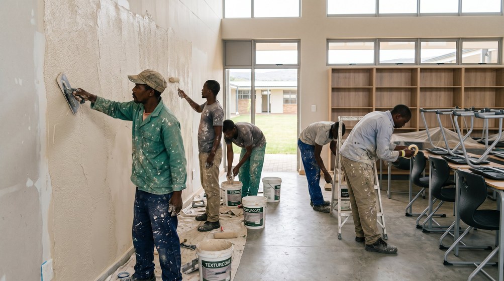 Professional texture coating team applying Texturcoat to interior walls in Sunningdale