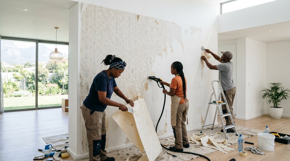 Professional wallpaper removal team stripping old wallpaper in a Sunningdale home