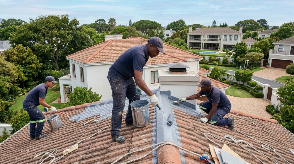 Professional waterproofing team applying membrane to roof in Sunningdale