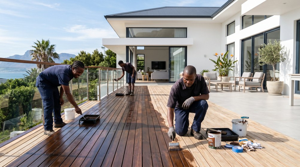 Professional wood staining team applying deck stain overlooking the ocean in Sunningdale